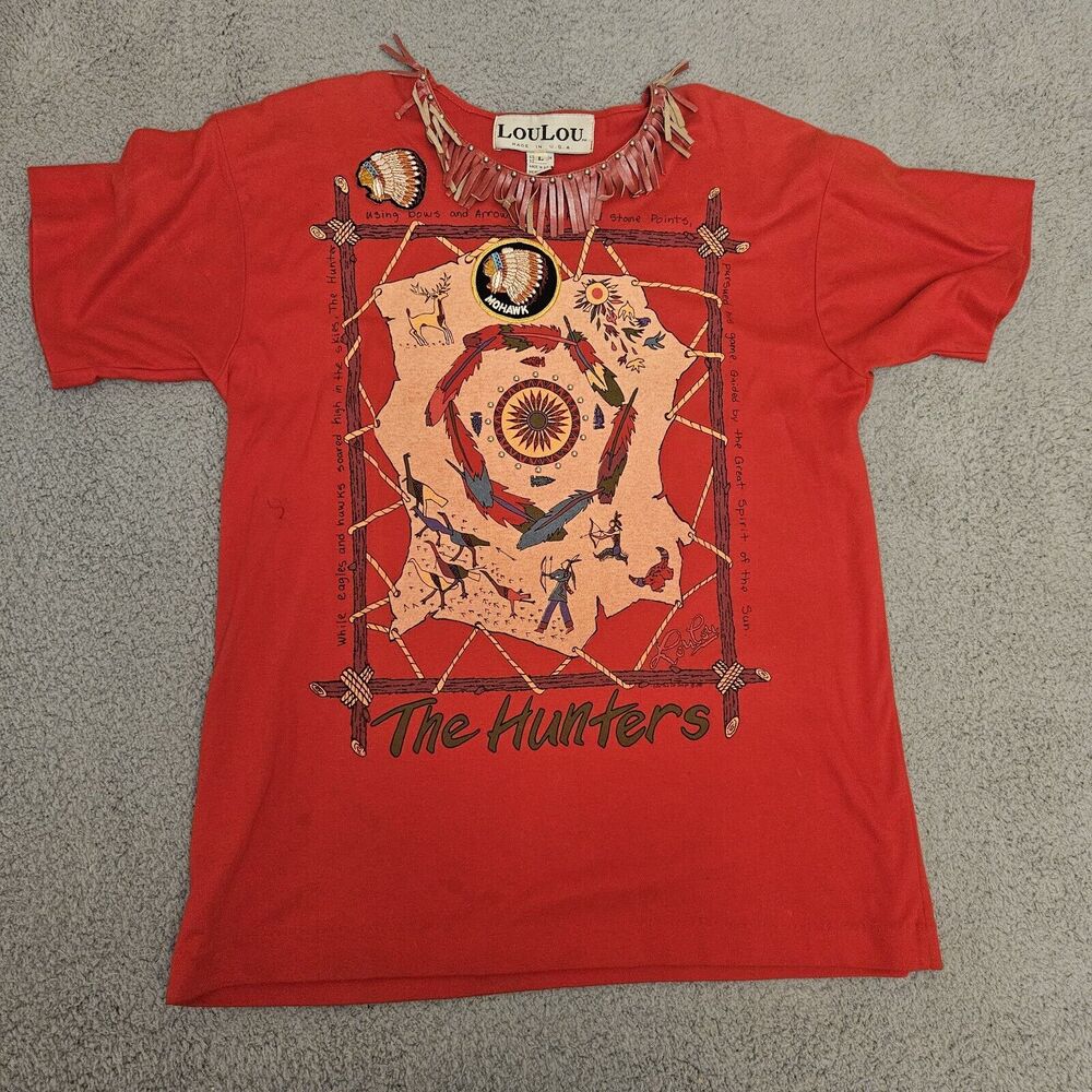 Vtg 90's Womens Tshirt Indian Native American Fringe Leather Hunters Mowhawk